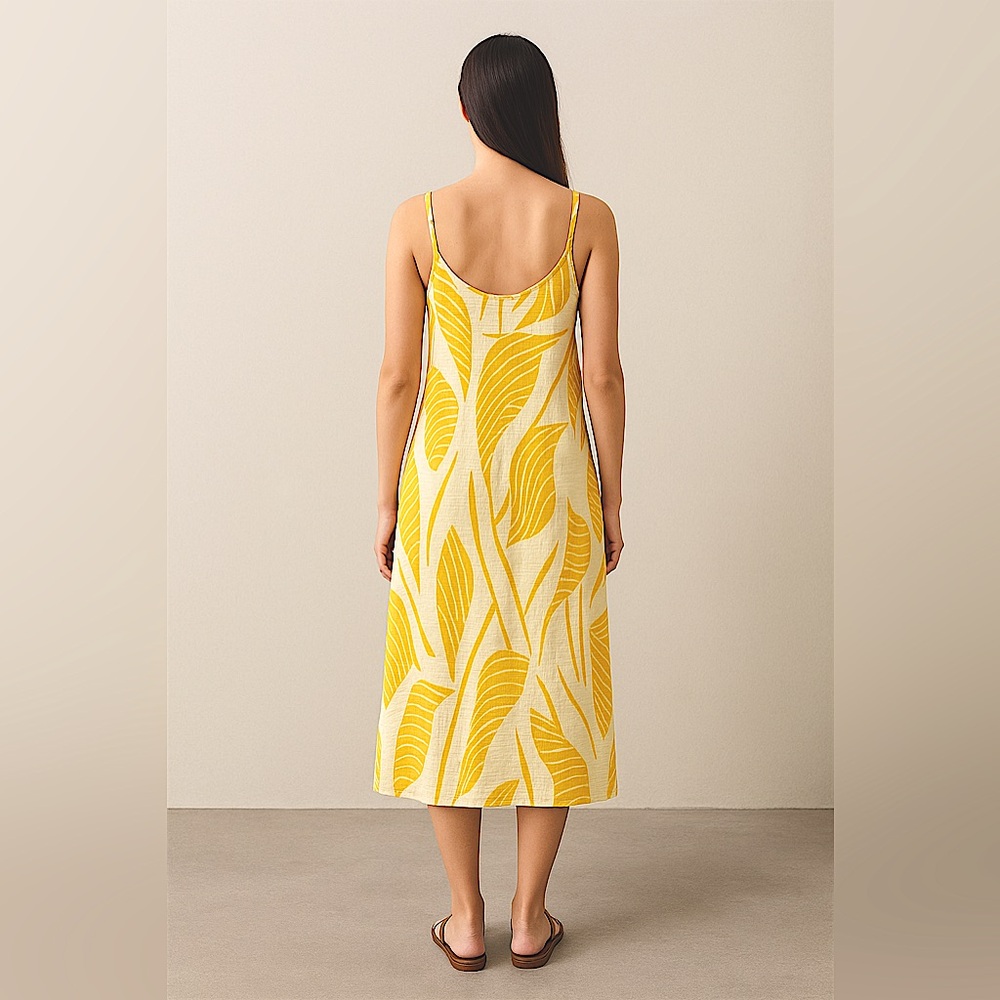 Lascana Yellow Tropical Leaf Print Sundress XL A-Line Belted Midi Dress NWT New - Picture 4 of 5
